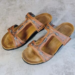 NAOT Dana Tan Leather T Strap Sandals Womens EU 38 US 7 Bohemian Comfort Slip On